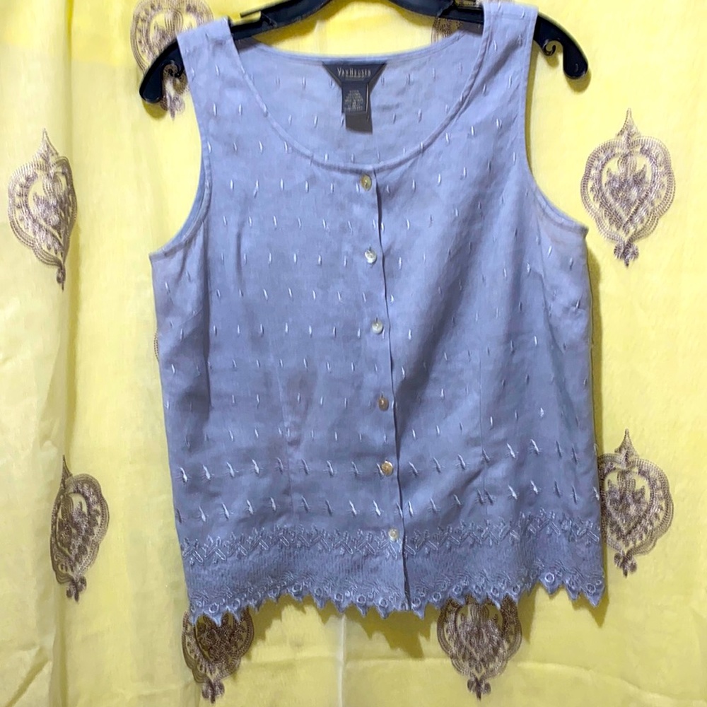 VAN HUESEN LINEN/VISCOSE BLUE BUTTON-DOWN  EMBROIDERED TANK SZ M